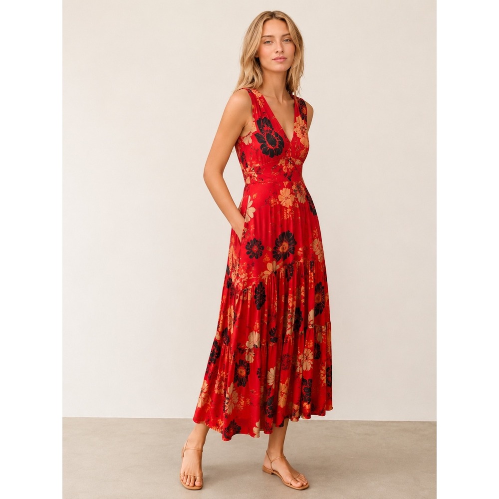 FREE PEOPLE Red Floral Boho Cottagecore Maxi Dress Sleeveless Tiered V-Neck Sz 2